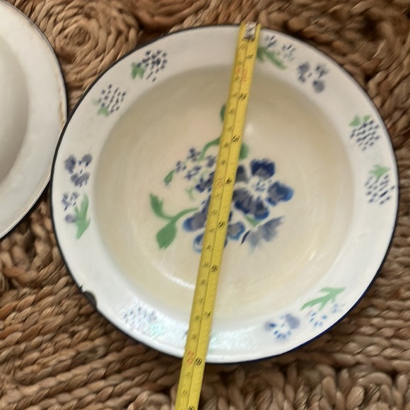 April Cornell Distress Floral White Enamel Basin Bowl w/Blue Rim set of 2 - Picture 7 of 7